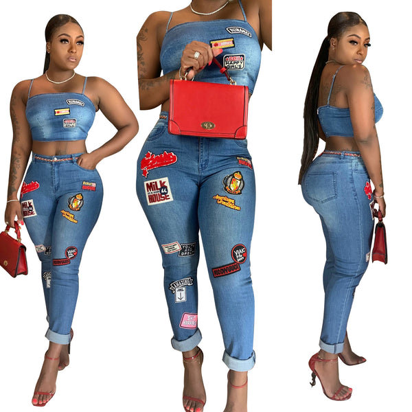 Sexy Denim Top and Pant Two Piece Set