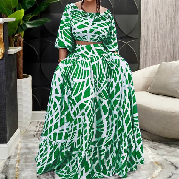 PLUS SIZE Chic Elegant Print Top and Long Skirt Two-piece Set