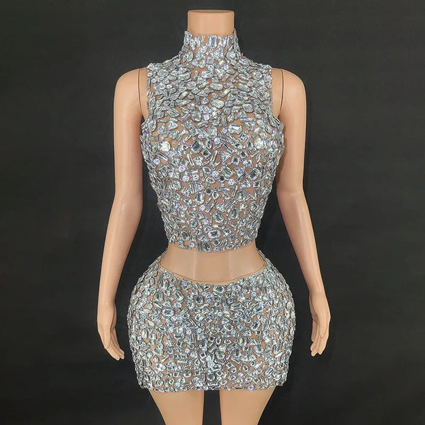 Lustrous Allure Silver Backless Two Piece Set