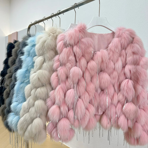 Natural Fox Fur Coat With Tassels